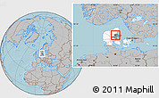 Gray Location Map of Randers, highlighted country, highlighted parent region, hill shading