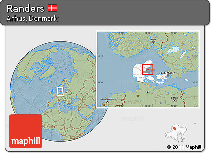 Savanna Style Location Map of Randers, highlighted country, highlighted parent region, hill shading