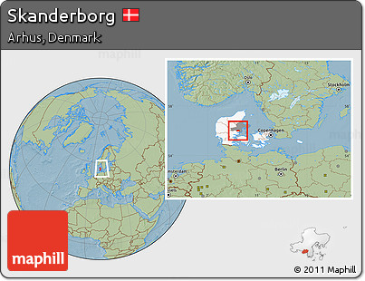 Savanna Style Location Map of Skanderborg, highlighted country, highlighted parent region, within the entire country, hill shading