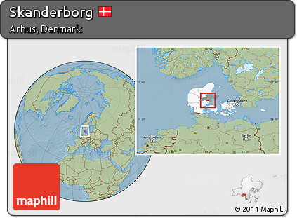 Savanna Style Location Map of Skanderborg, highlighted country, highlighted parent region, hill shading