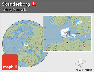 Savanna Style Location Map of Skanderborg, highlighted country, highlighted parent region, hill shading