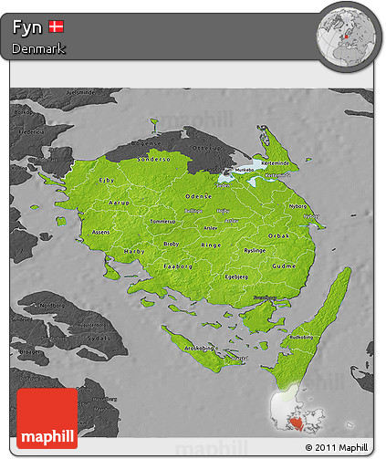 Physical 3D Map of Fyn, darken, desaturated