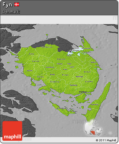 Physical 3D Map of Fyn, darken, desaturated