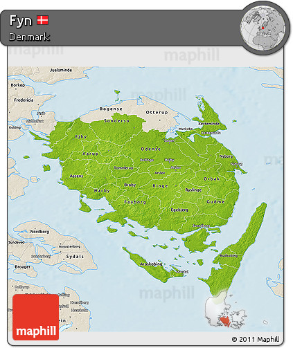Physical 3D Map of Fyn, shaded relief outside