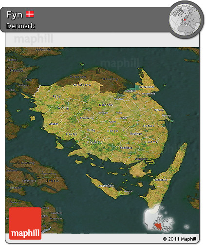 Satellite 3D Map of Fyn, darken