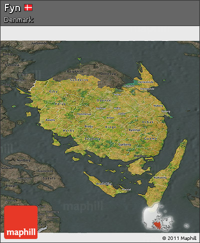 Satellite 3D Map of Fyn, darken, semi-desaturated