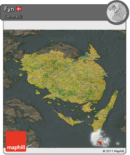 Satellite 3D Map of Fyn, darken, semi-desaturated