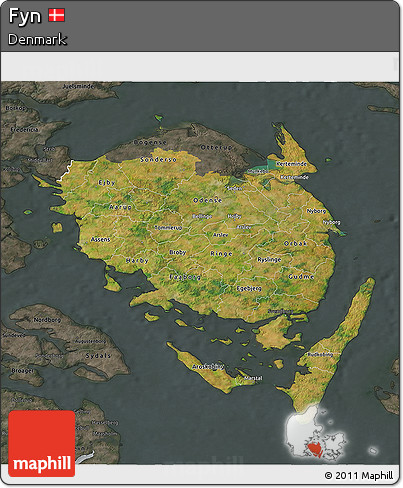 Satellite 3D Map of Fyn, darken, semi-desaturated
