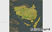 Satellite 3D Map of Fyn, darken, semi-desaturated