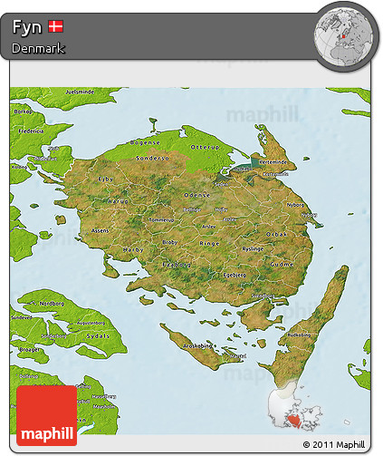 Satellite 3D Map of Fyn, physical outside