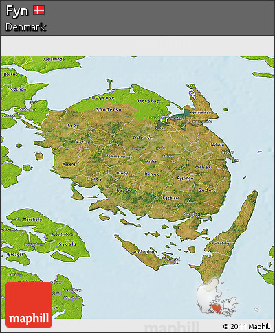 Satellite 3D Map of Fyn, physical outside