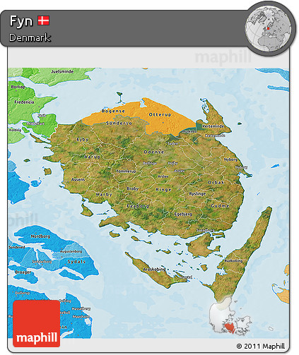 Satellite 3D Map of Fyn, political shades outside