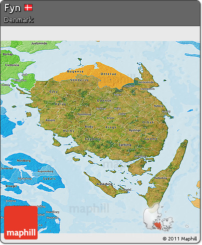 Satellite 3D Map of Fyn, political shades outside
