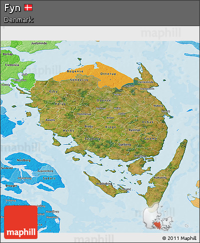 Satellite 3D Map of Fyn, political shades outside