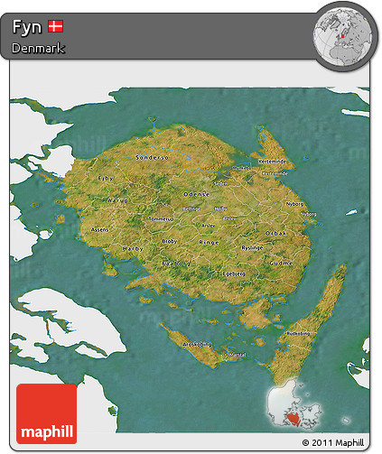 Satellite 3D Map of Fyn, single color outside