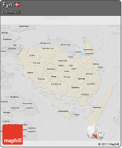 Shaded Relief 3D Map of Fyn, desaturated