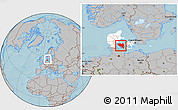 Gray Location Map of Fyn, highlighted country, within the entire country, hill shading