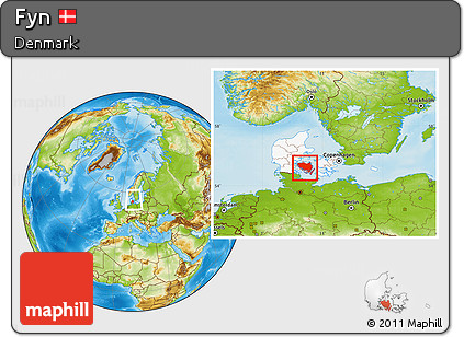 Physical Location Map of Fyn, highlighted country, within the entire country
