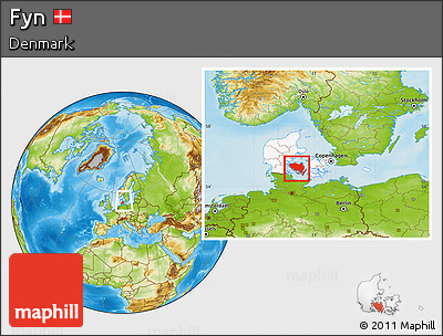 Physical Location Map of Fyn, highlighted country, within the entire country