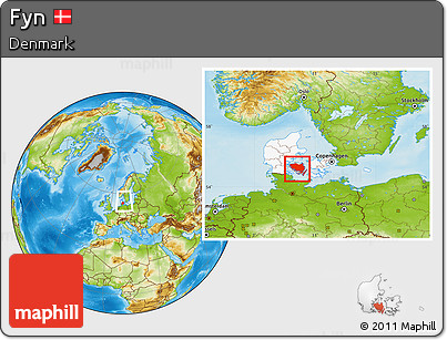 Physical Location Map of Fyn, highlighted country, within the entire country