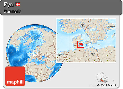 Shaded Relief Location Map of Fyn, within the entire country
