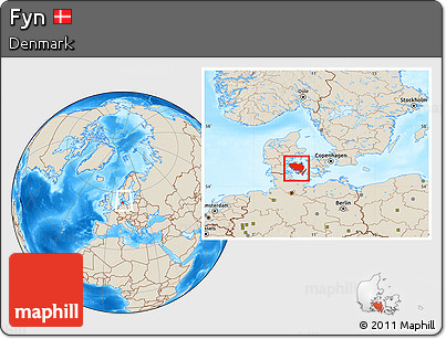 Shaded Relief Location Map of Fyn, within the entire country