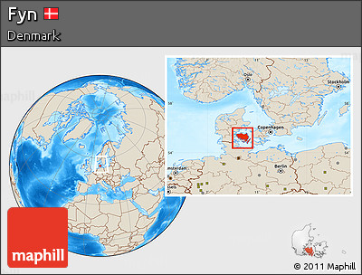 Shaded Relief Location Map of Fyn, within the entire country