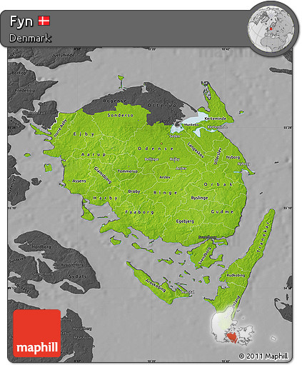 Physical Map of Fyn, darken, desaturated