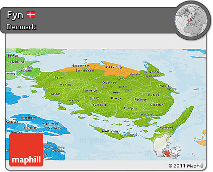 Physical Panoramic Map of Fyn, political shades outside