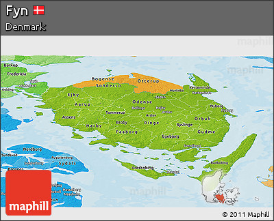Physical Panoramic Map of Fyn, political shades outside