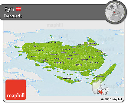 Physical Panoramic Map of Fyn, single color outside