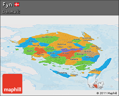 Political Panoramic Map of Fyn, single color outside