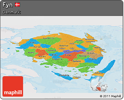 Political Panoramic Map of Fyn, single color outside