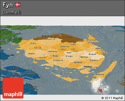 Political Shades Panoramic Map of Fyn, darken