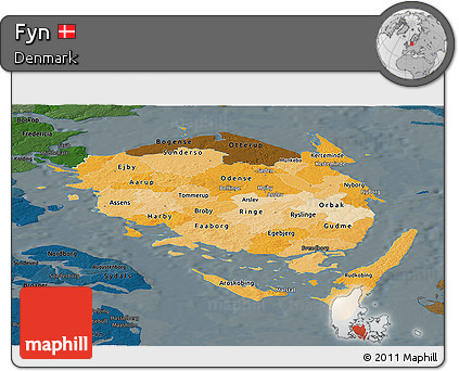 Political Shades Panoramic Map of Fyn, darken