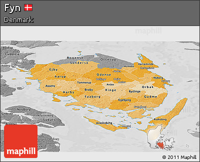 Political Shades Panoramic Map of Fyn, desaturated