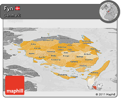 Political Shades Panoramic Map of Fyn, desaturated