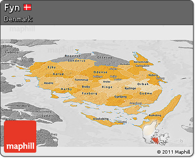 Political Shades Panoramic Map of Fyn, desaturated