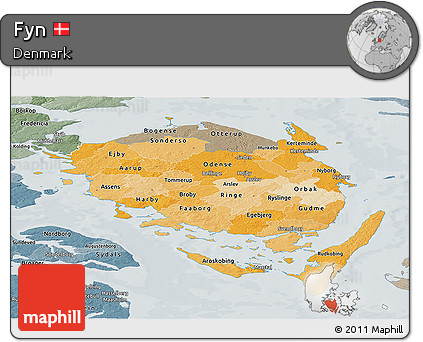 Political Shades Panoramic Map of Fyn, semi-desaturated