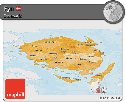 Political Shades Panoramic Map of Fyn, single color outside