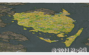 Satellite Panoramic Map of Fyn, darken, semi-desaturated