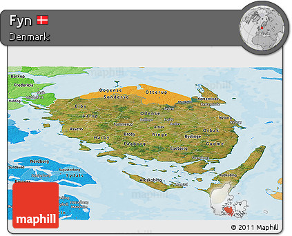 Satellite Panoramic Map of Fyn, political shades outside