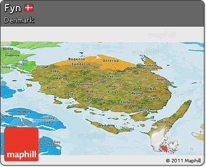 Satellite Panoramic Map of Fyn, political shades outside