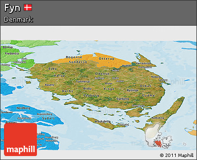 Satellite Panoramic Map of Fyn, political shades outside