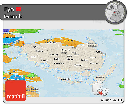 Shaded Relief Panoramic Map of Fyn, political outside