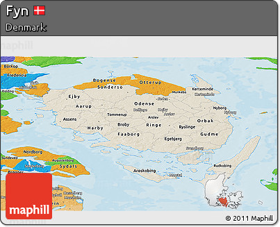 Shaded Relief Panoramic Map of Fyn, political outside