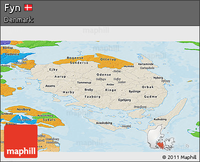 Shaded Relief Panoramic Map of Fyn, political outside