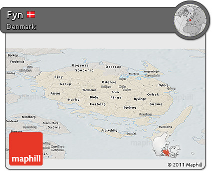 Shaded Relief Panoramic Map of Fyn, semi-desaturated