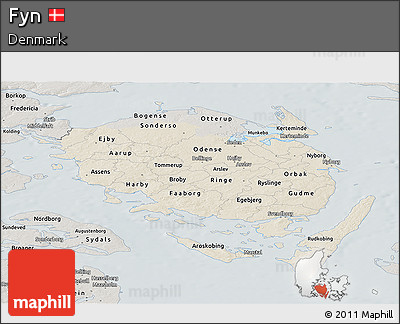 Shaded Relief Panoramic Map of Fyn, semi-desaturated