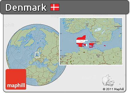 Flag Location Map of Denmark, savanna style outside, hill shading outside